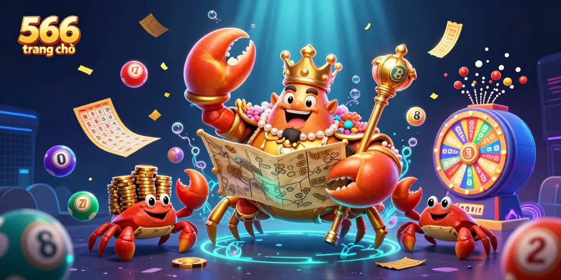 Play exciting games at 566 trang chủ, featuring vibrant lottery balls and a golden crab emperor.