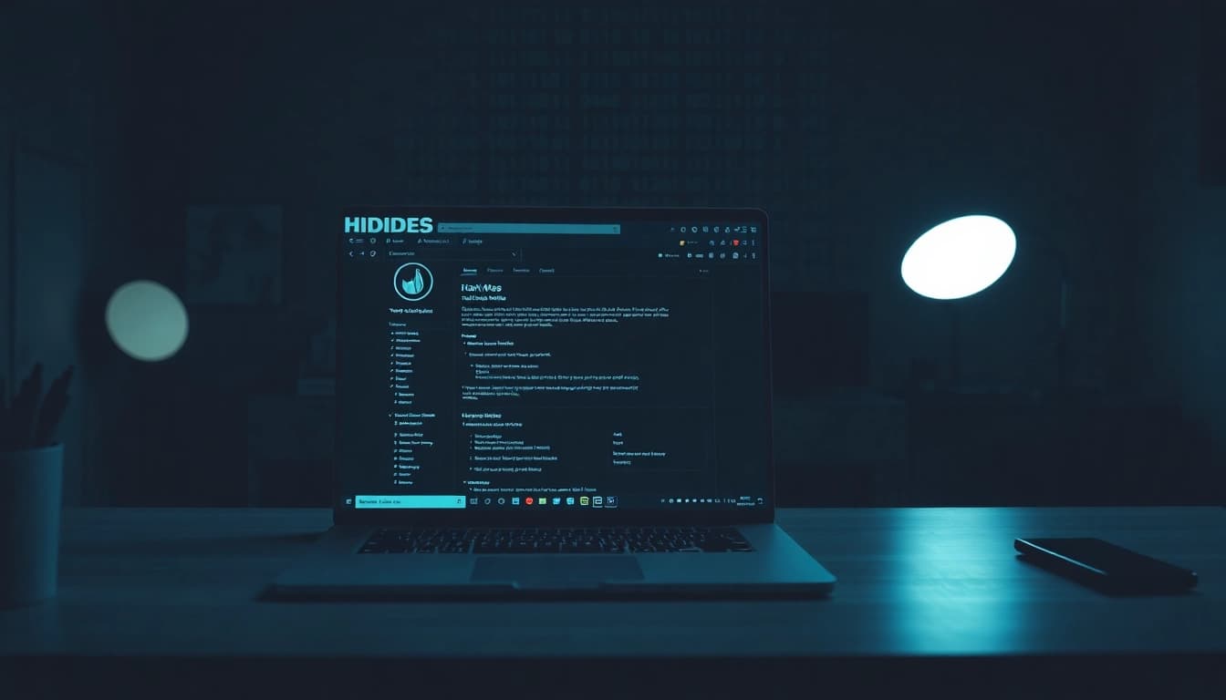 The Hidden Wiki showcased on a sleek laptop screen in a dark web interface, symbolizing anonymity and digital exploration.
