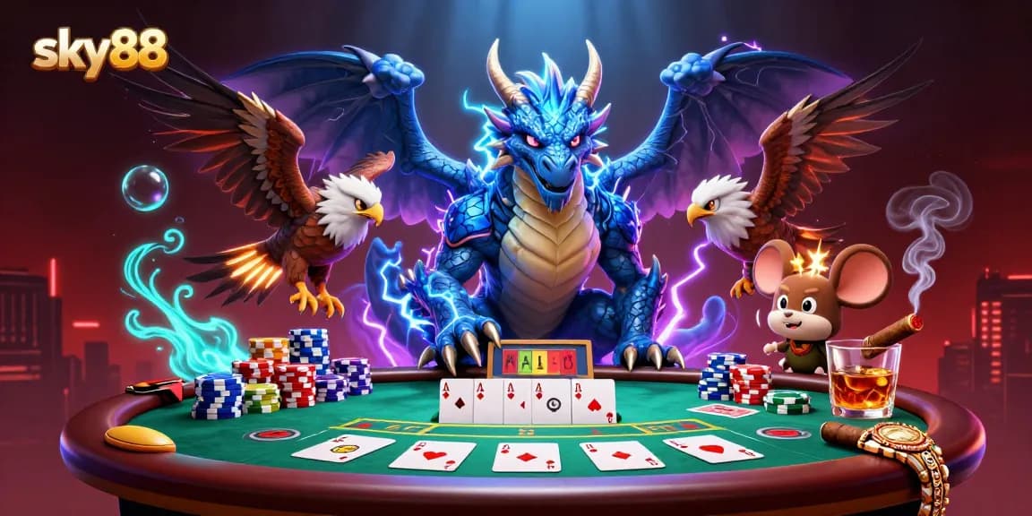 Experience thrilling gameplay at sky88 with vibrant poker elements and dynamic characters illustrated creatively.