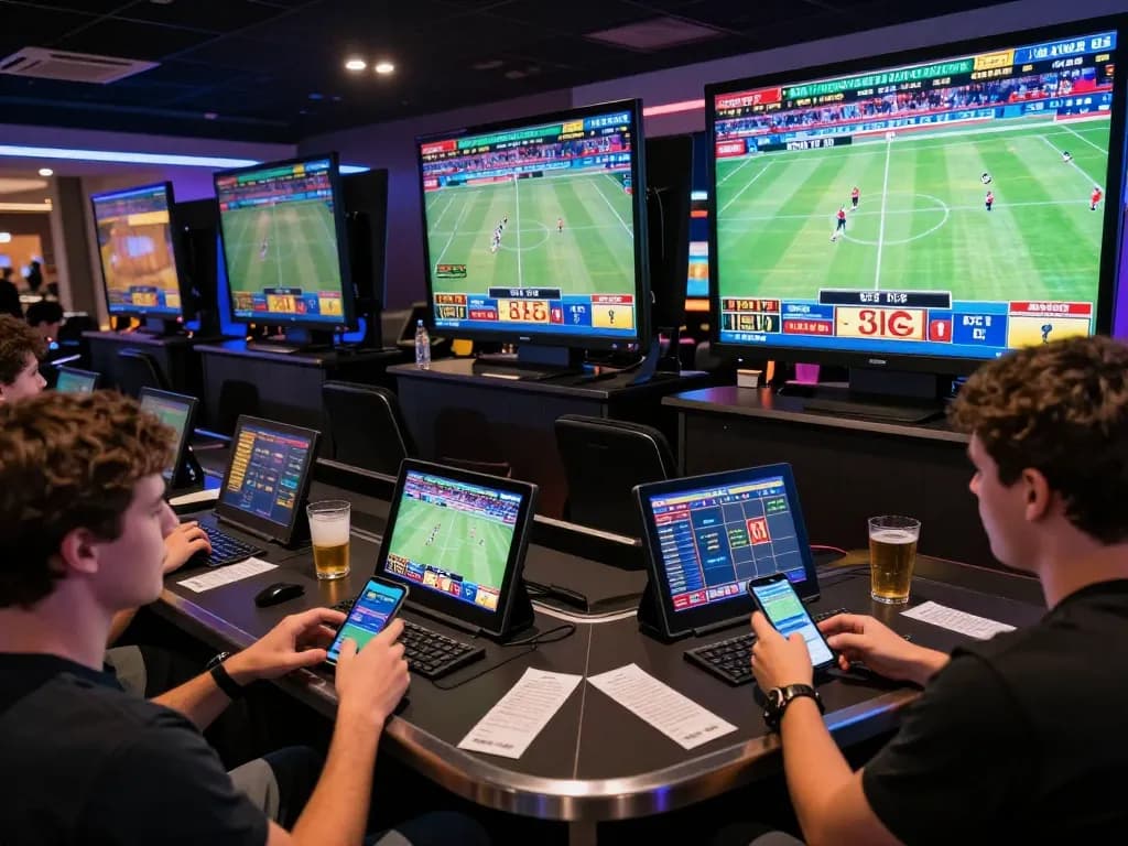 Players engaging in sports betting at OKFUN's online platform, showcasing dynamic sports screens and betting excitement.