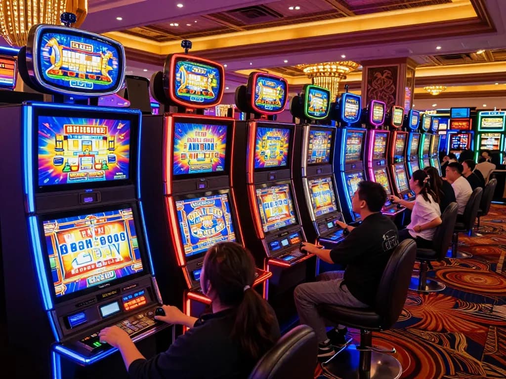 Players enjoying vibrant slot77 machines at a lively casino, colorful displays and engaging gameplay.
