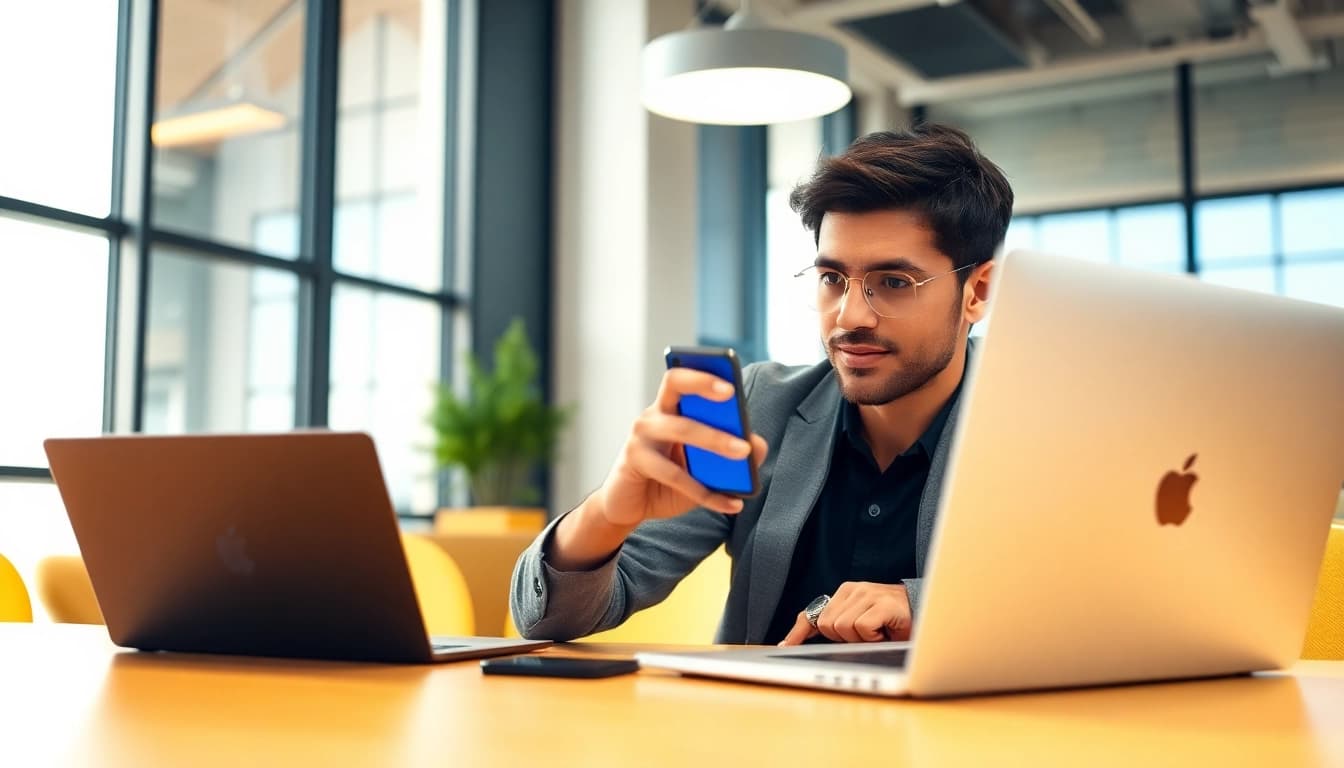Engaging with https://rr88c.mobi/ in a professional workspace, showcasing smartphone use and productivity.