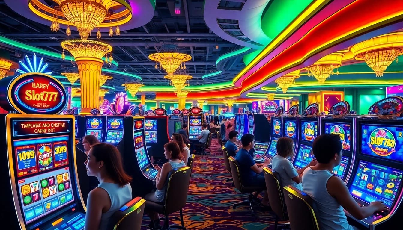 Mainkan slot777 dalam suasana kasino yang penuh warna dan kegembiraan.