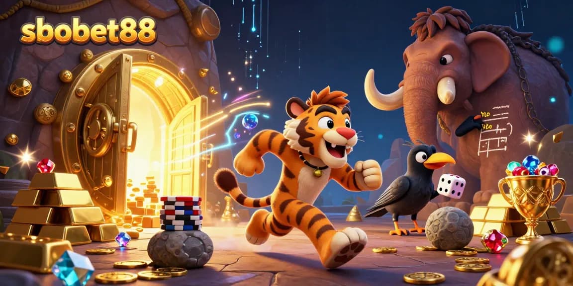Experience sbobet88 at a vibrant prehistoric casino with a caveman duo and rich treasures.