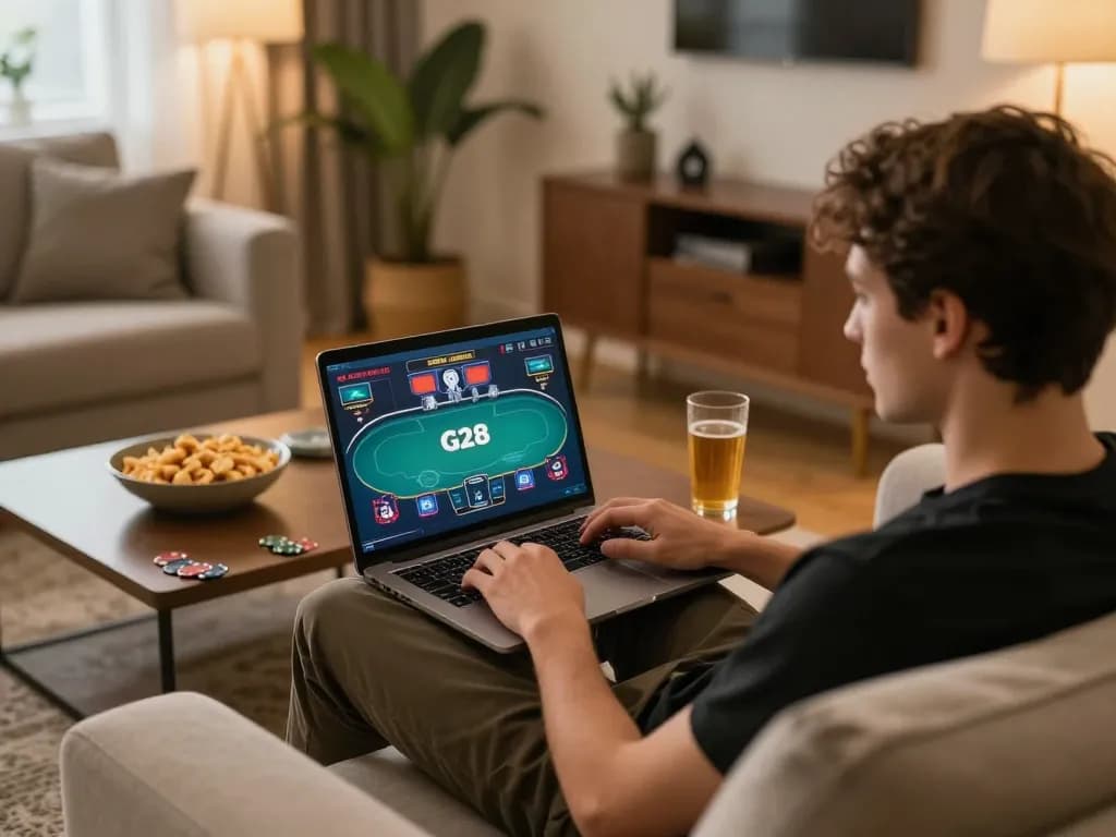 Engaging in G28 poker gameplay on a laptop in a cozy home setting