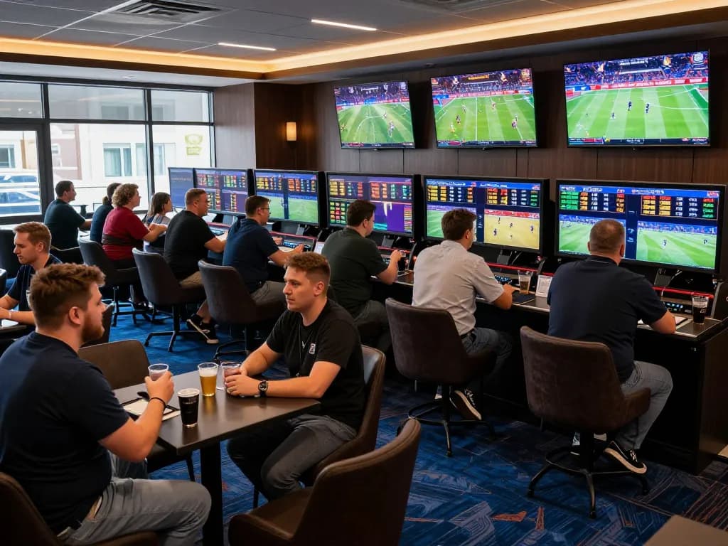 SBOBET sports betting patrons engaged with live action and exciting odds in a lively lounge atmosphere.