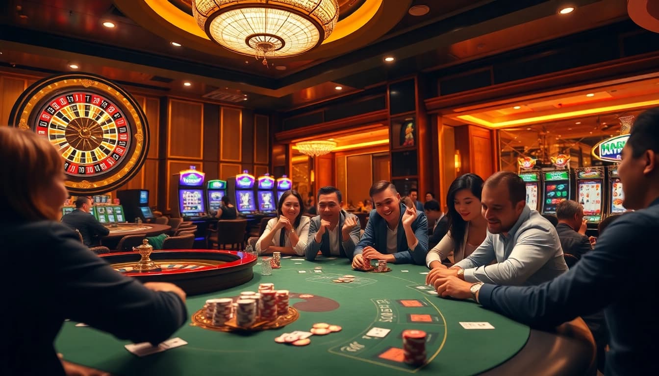 Nhà cái XX88 players enjoying thrilling casino games at a vibrant roulette table.