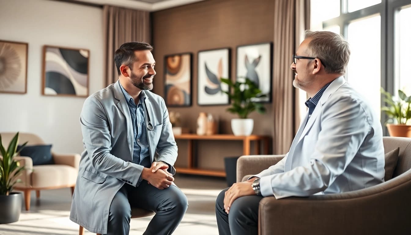 Engaging psychiatrist in dubai interacting with a patient in a modern office.