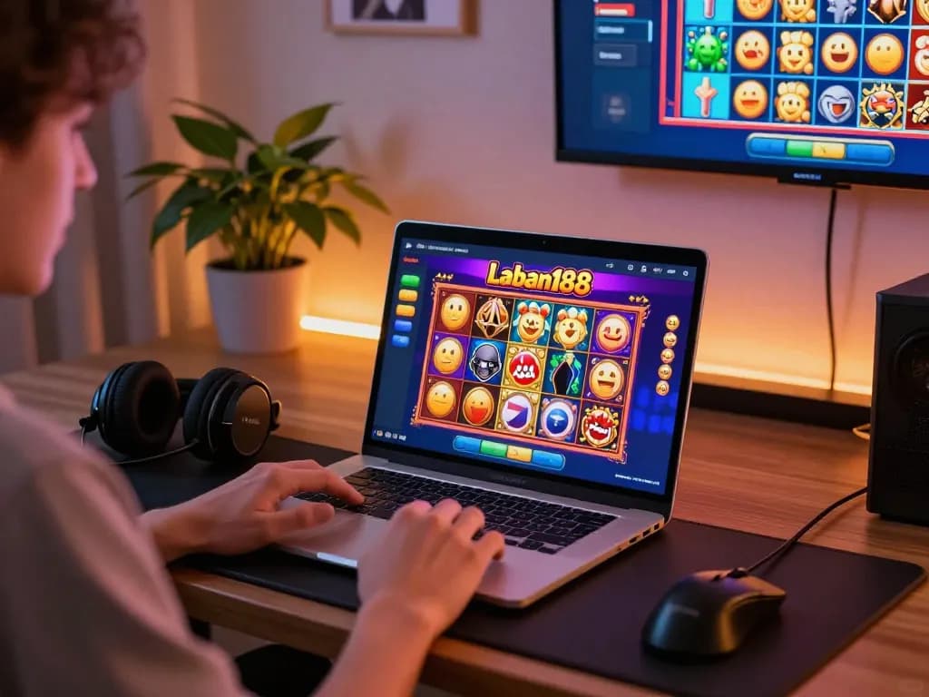 Suasana judi online yang menarik dengan logo laoban188 di laptop gaming menampilkan permainan slot yang vibrant.