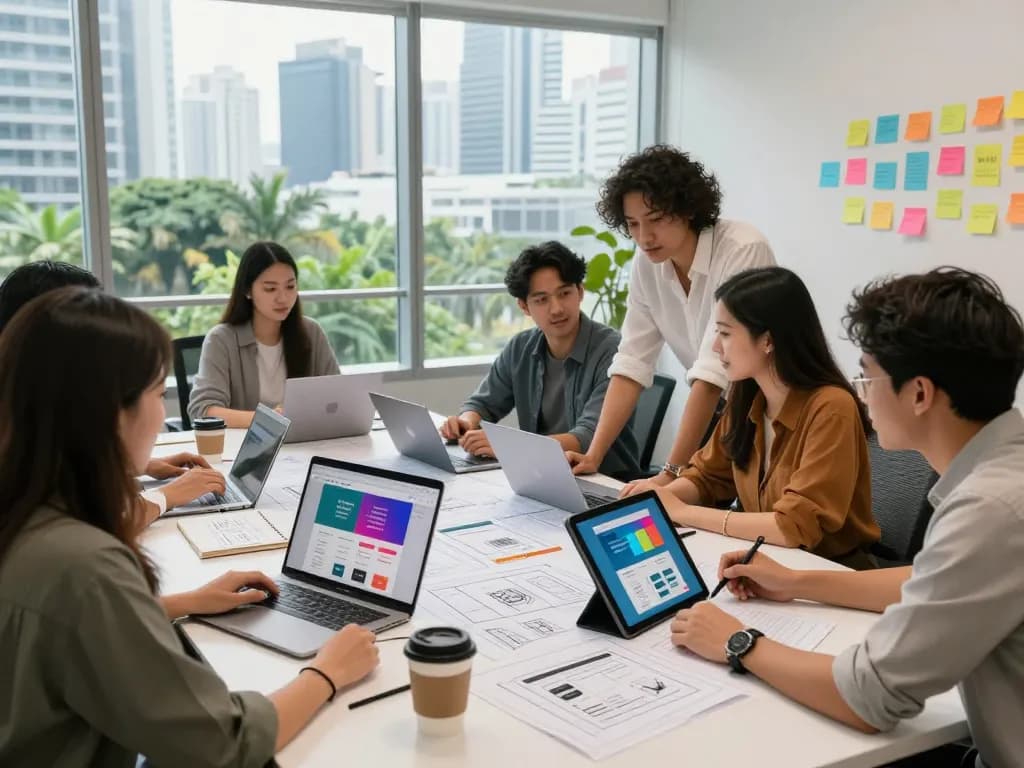 Creative team collaborating at a web design company Kuala Lumpur, showcasing vibrant prototypes and brainstorming ideas in a modern office.