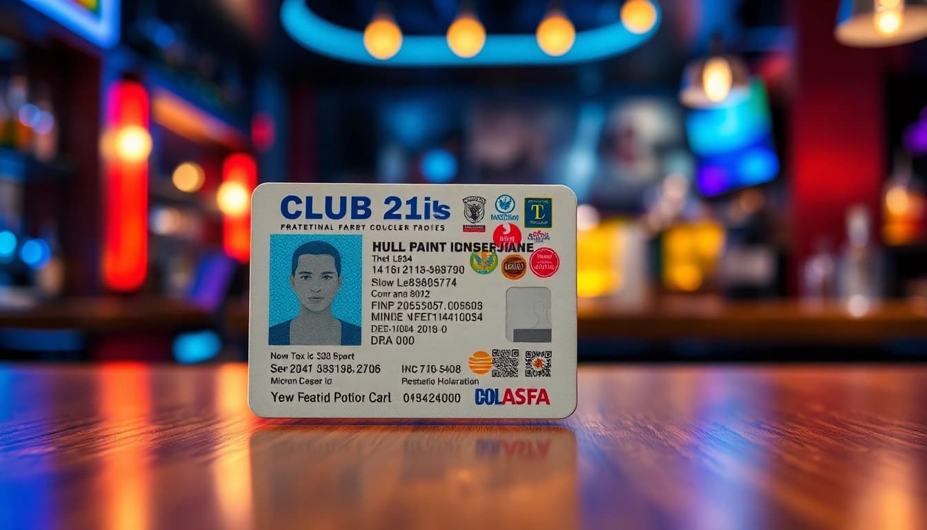 High-quality Club21ids fake ID card showcasing detailed holograms and micro-text in a nightlife setting.