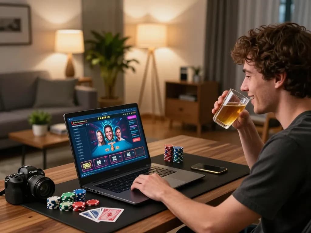 Player enjoying sc88 online casino game on a laptop in a cozy home setting with modern decor