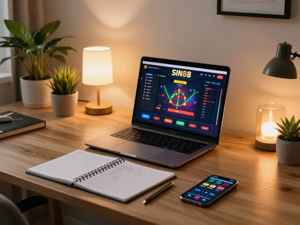 SIN88 online casino gameplay displayed on a laptop amidst a cozy home office setup.