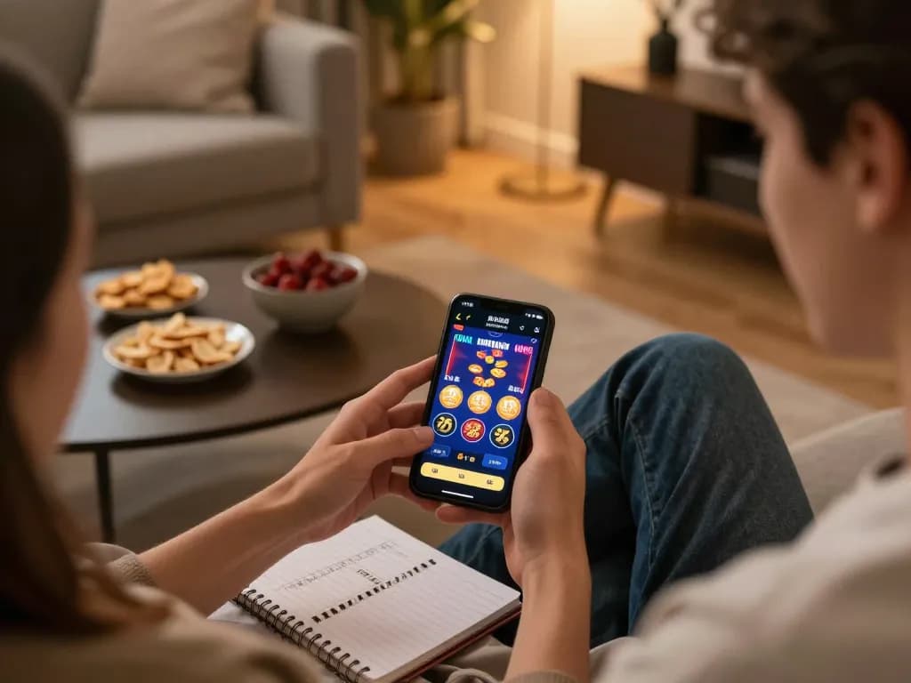 Engaging in mobile casino gaming on tg8 app while strategizing from home with snacks and notes