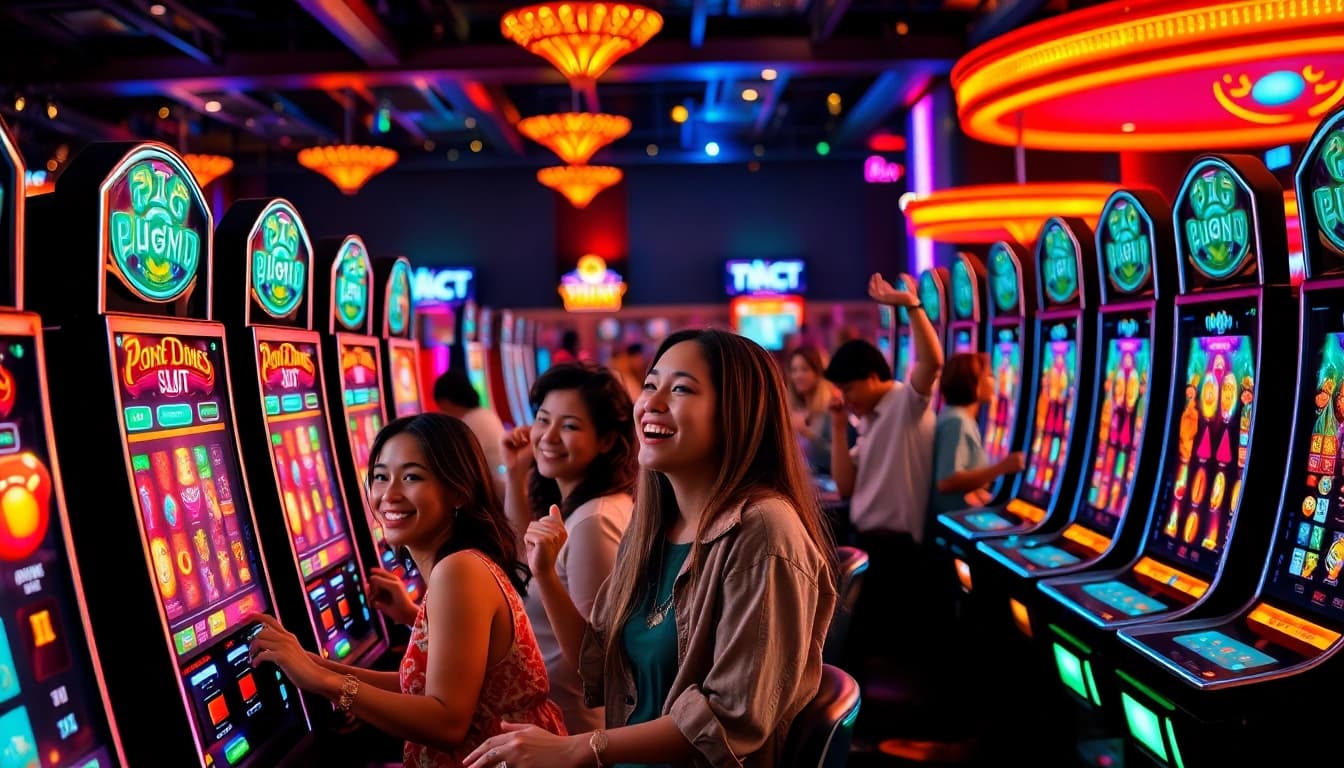 Permainan petanitoto menarik dengan pemain ceria dan mesin slot berwarna-warni.