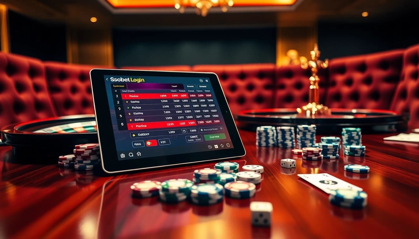 Engage in sbobet login amidst a luxurious casino scene with vibrant betting odds and poker chips.