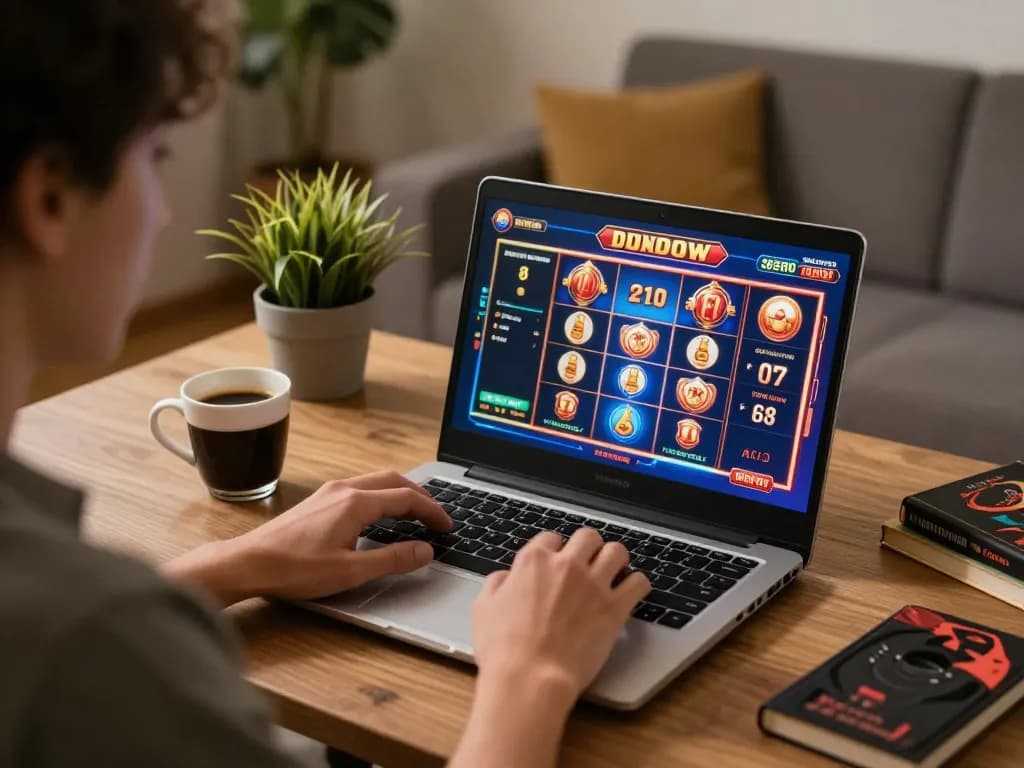 Engaging online gambling session at home with uk88 com laptop gameplay and strategic bankroll management visible