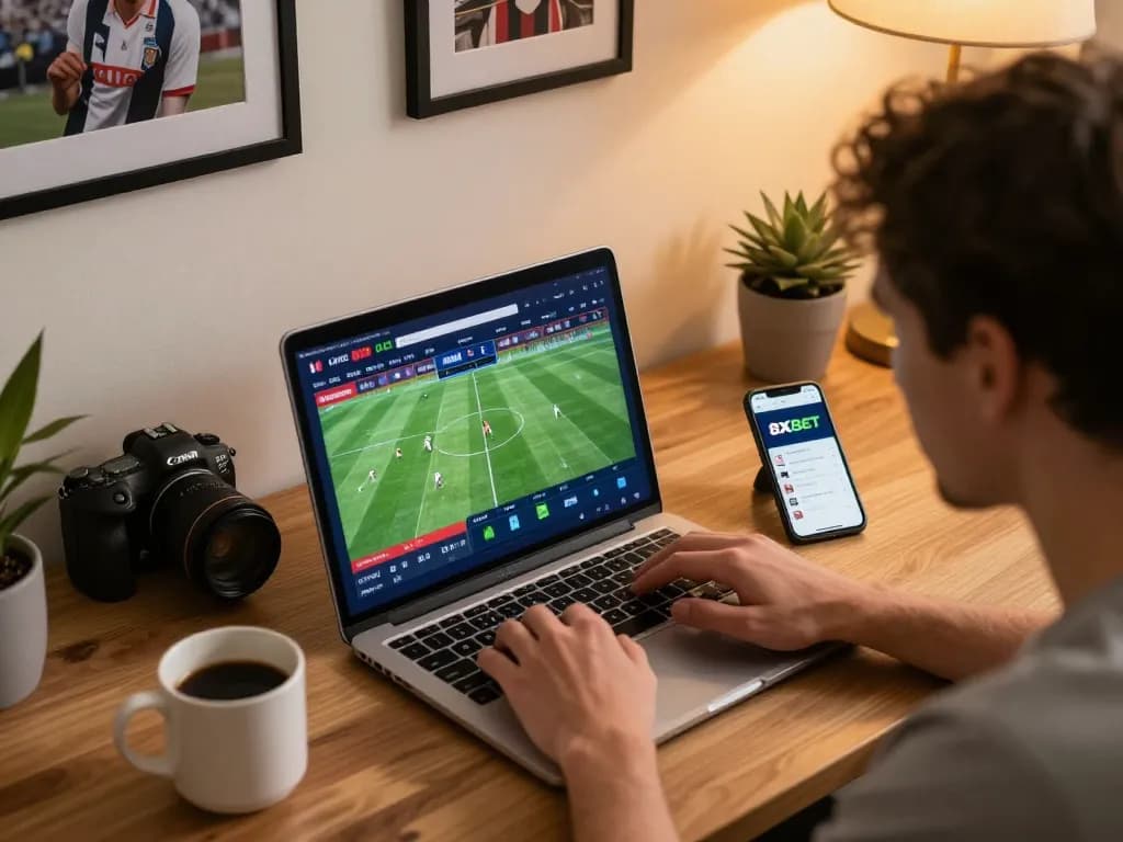 Engaging user placing bets on sports through 8xbet in a cozy home environment.