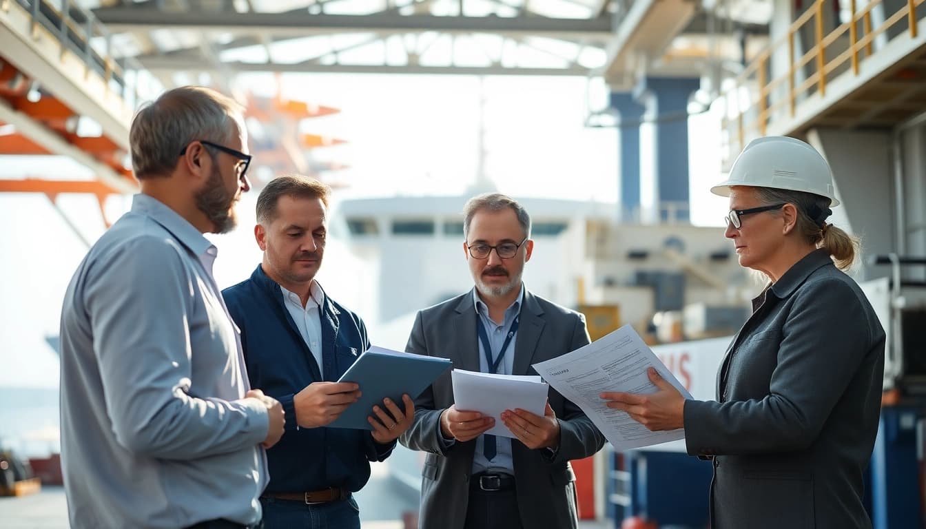 ISM Audit process showcased with auditors reviewing safety management documentation in maritime settings.