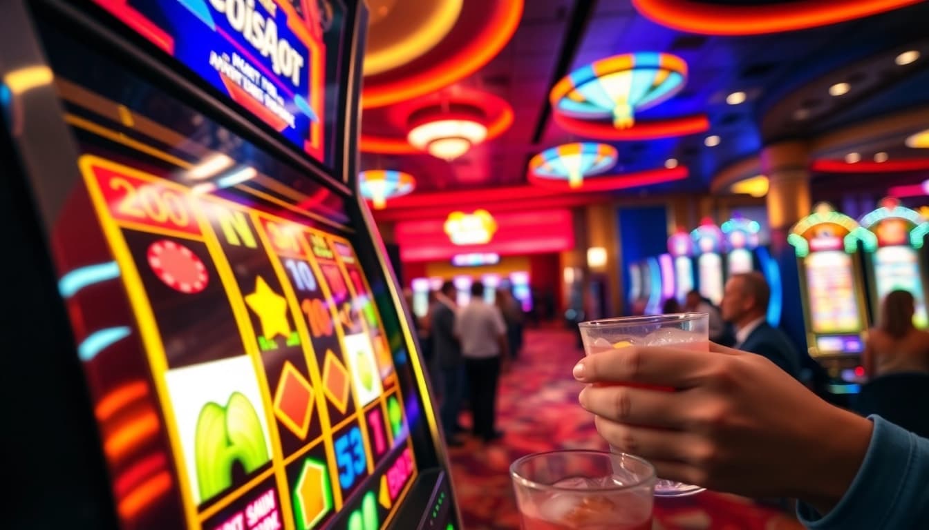 Engaging visual of Online slots Uk in a vibrant casino setting, showcasing spinning reels.