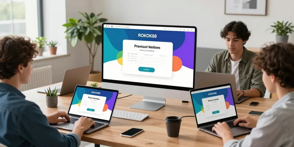 Access premium features on ROKOK88 through a modern, user-friendly interface showcasing diverse members using devices