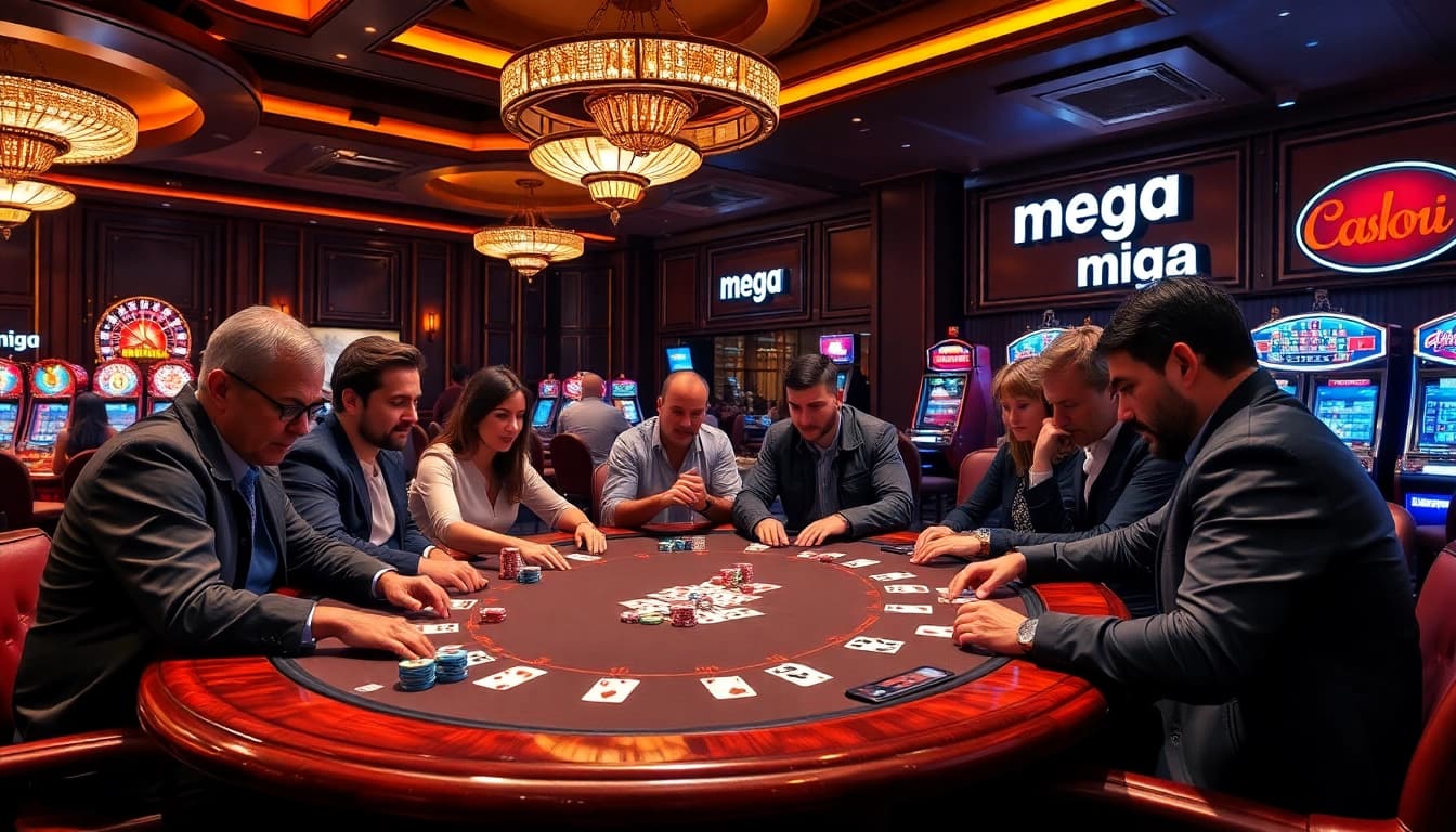 Mega gamblers engaging at a luxurious poker table in a vibrant casino setting.