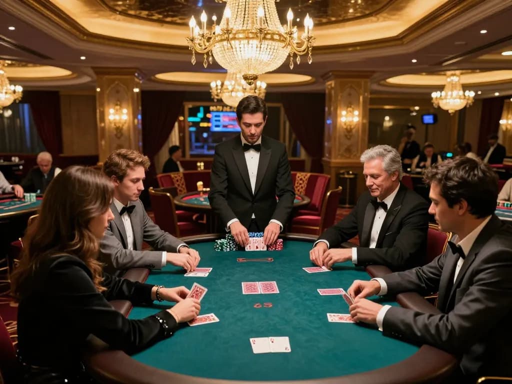 Engaged players at okwin poker table surrounded by chips and cards in a luxurious casino setting.