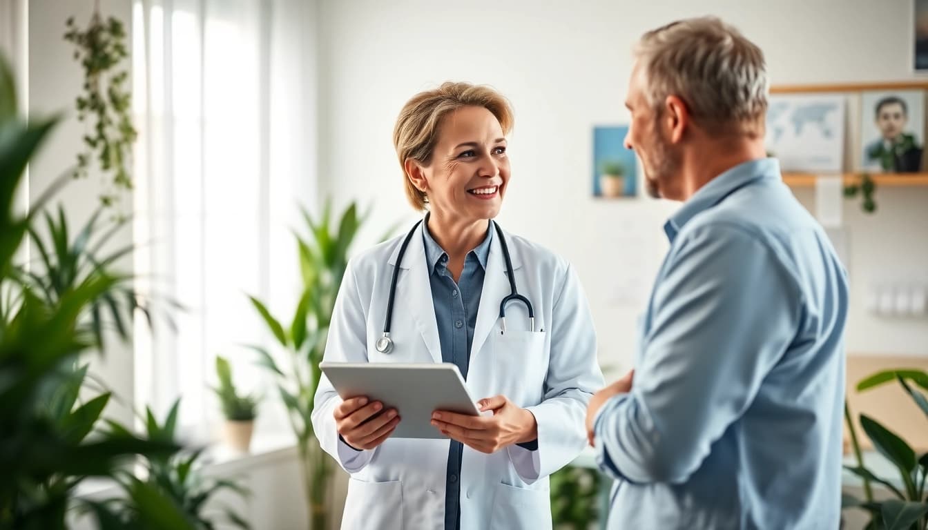 YourGP offers a friendly health consultation between a doctor and patient in a welcoming office.