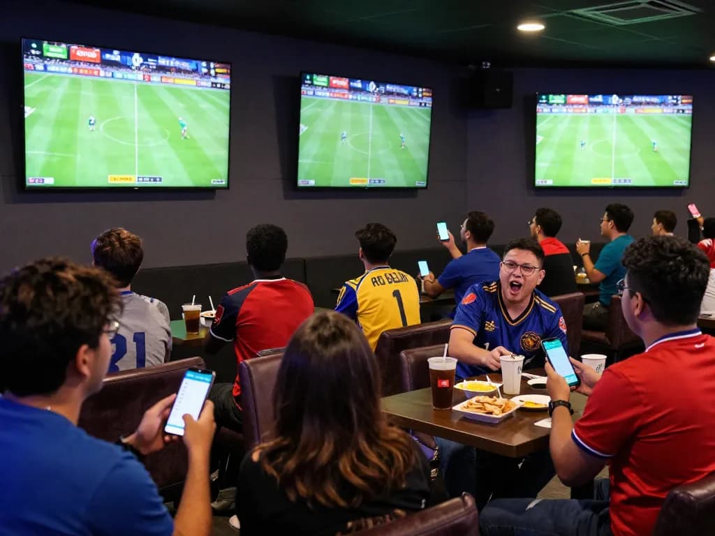 Cakhiatv users enjoying live football betting at a vibrant sports lounge, cheering with smartphones in hand.