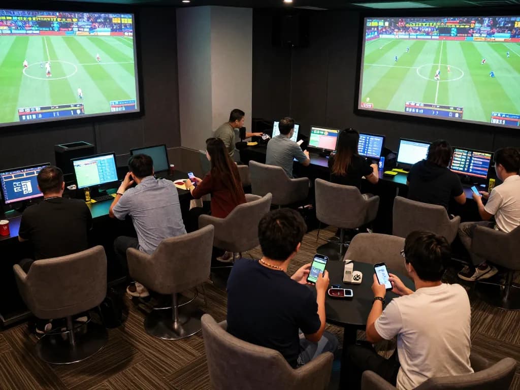 Engaged bettors analyzing kèo nhà cái during a thrilling sports event in a modern lounge