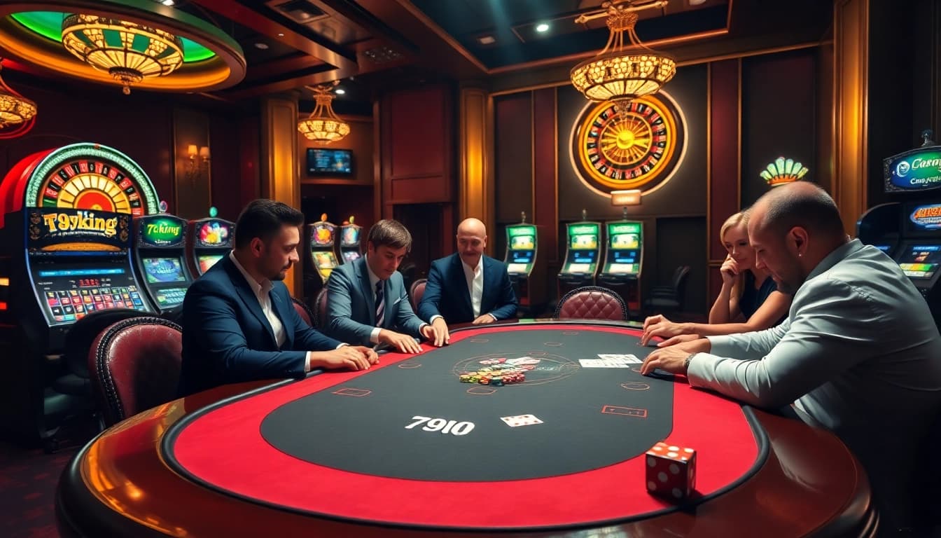 Players immersed in a strategic game of poker at 79king's luxurious casino.