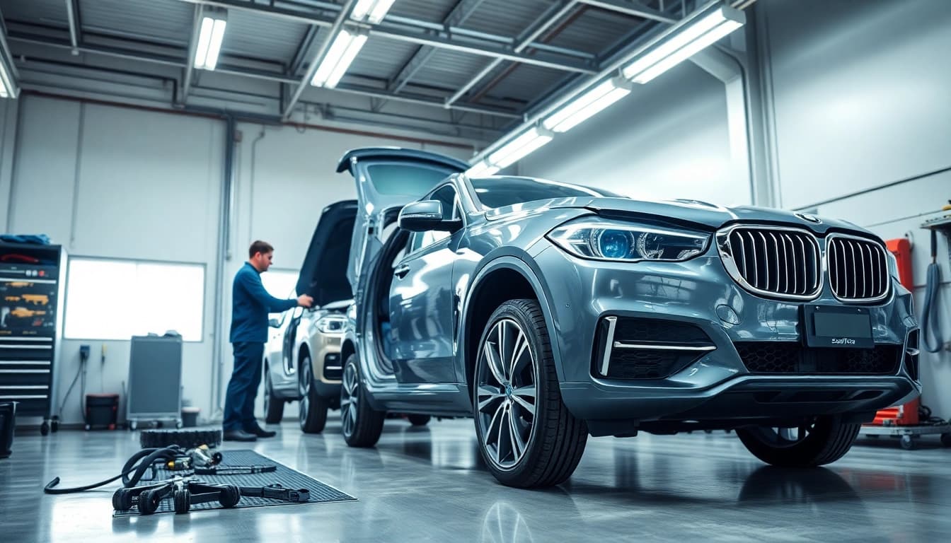 ScuffDoc technicians performing precise vehicle bodywork repairs in a vibrant workshop.