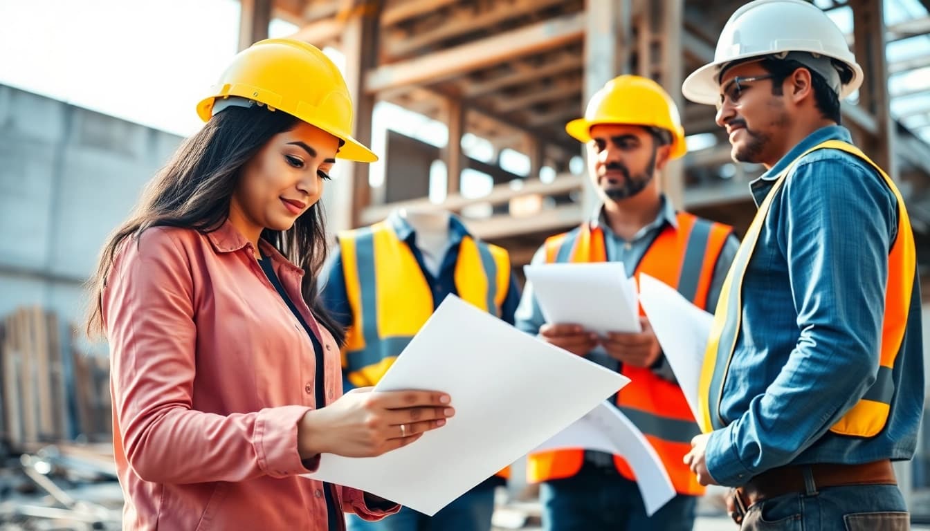 Engaged professionals in careers in construction at a dynamic building site, collaborating with blueprints.