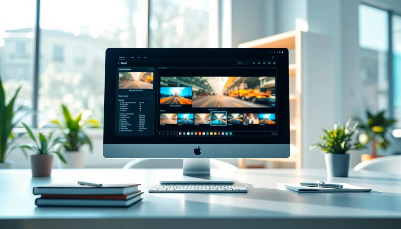 Showcasing an AI video generator with creative digital features in a professional workspace.