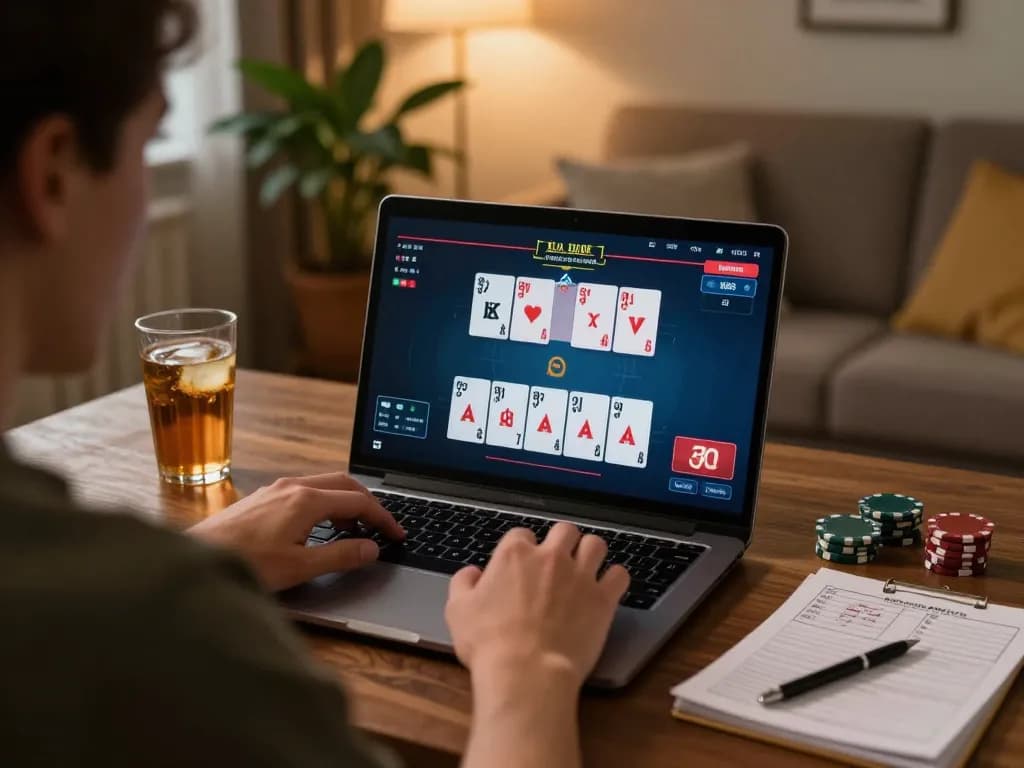 Play online poker at MrPokies77, with cards visible on screen and cozy home setting.