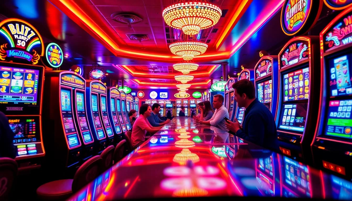 Menggambarkan pengalaman slot gacor dengan suasana kasino yang meriah dan mesin slot yang menyala.