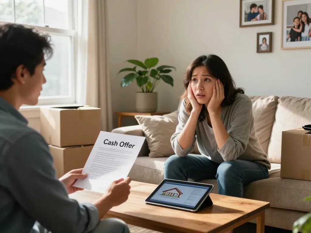 We buy houses for cash in a cozy living room with a friendly buyer and hopeful homeowner discussing offers.