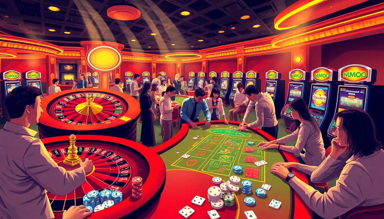 Players enjoying a thrilling MMOO casino experience with vibrant chips and roulette action.