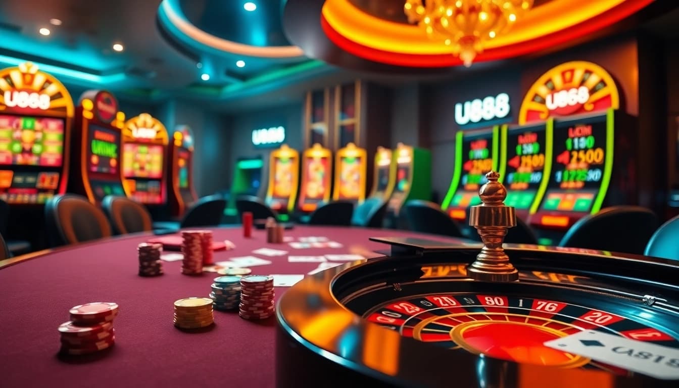 Experience thrill and excitement at U888 with vibrant gaming tables and engaging casino elements.