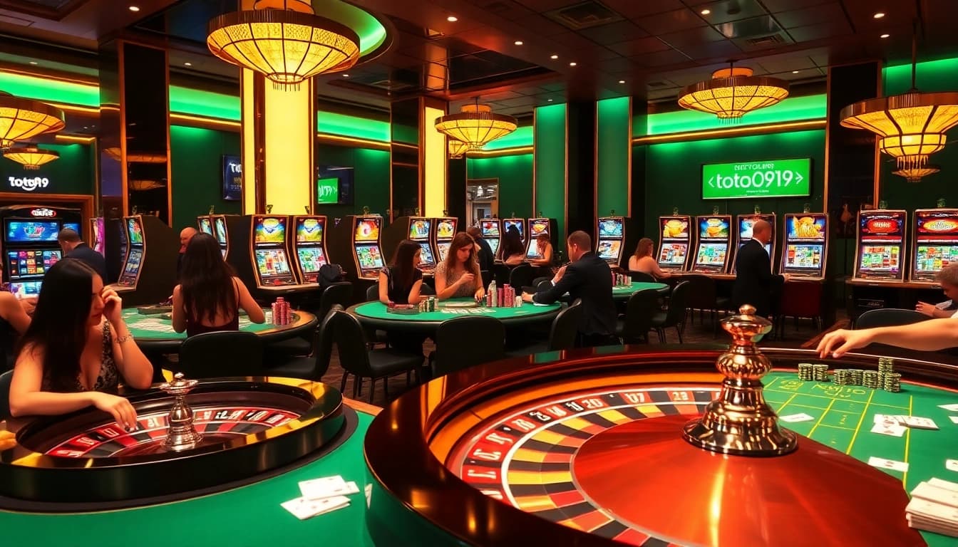 Experience the thrill of toto919 with luxury casino gaming tables, vibrant slot machines, and eager players.