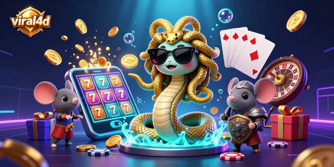 Engage with viral4d by spinning vibrant slot reels in a dynamic, magical casino scene filled with Medusa and fun elements.