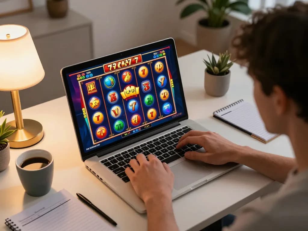 Engaging in a thrilling slot777 game session on a laptop, featuring vibrant reel graphics and a cozy gaming setup.