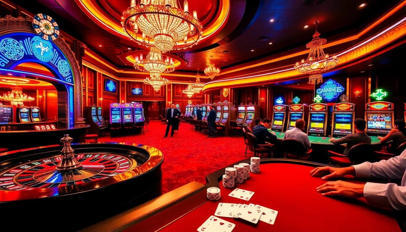 Joueurs engagés dans un jeu palpitant dans un luxueux casino en ligne, mettant en avant des jetons de poker et des cartes.