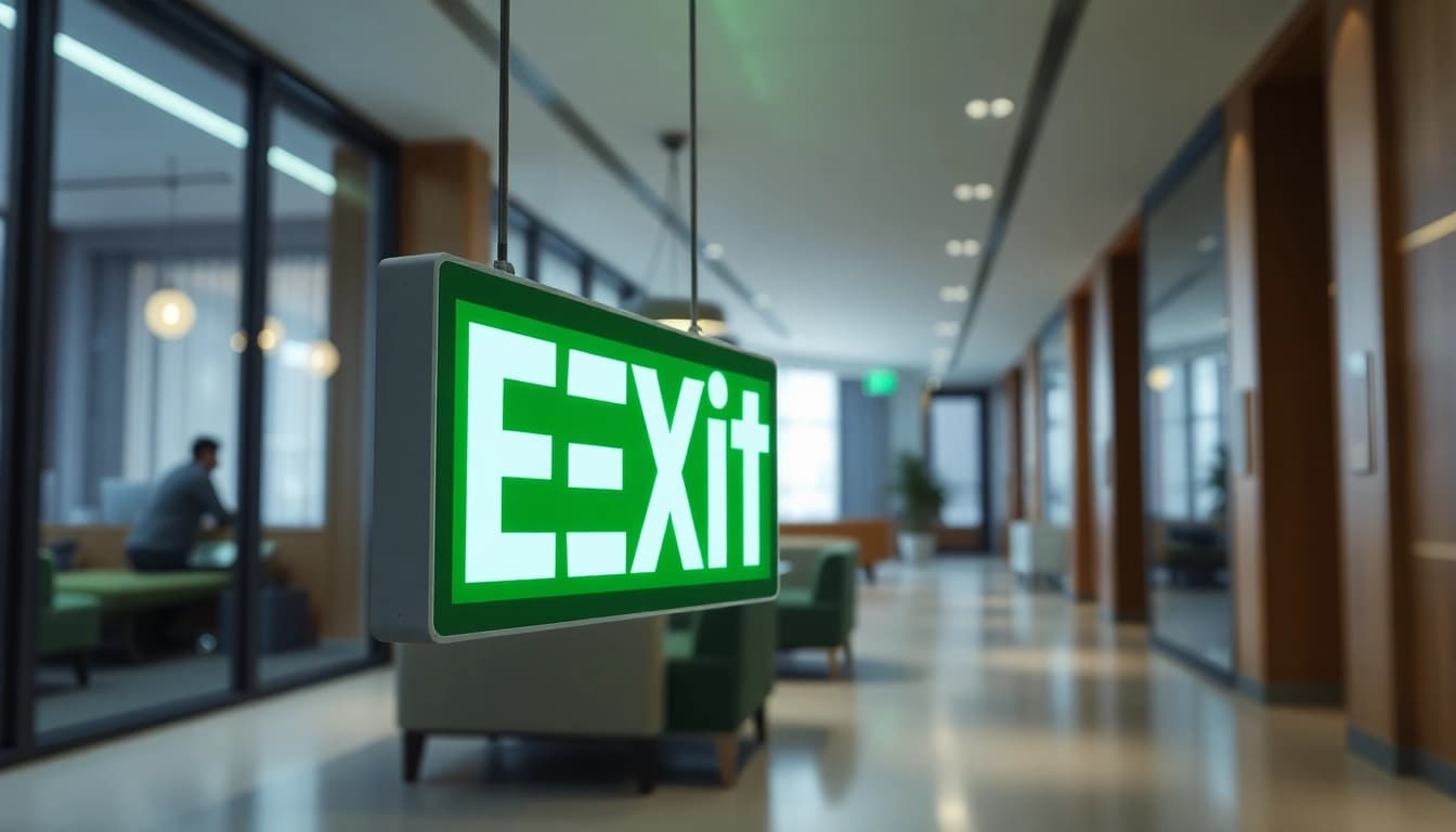 View of LED fire exit sign Kenya shining brightly in a professional office setting to ensure safety.
