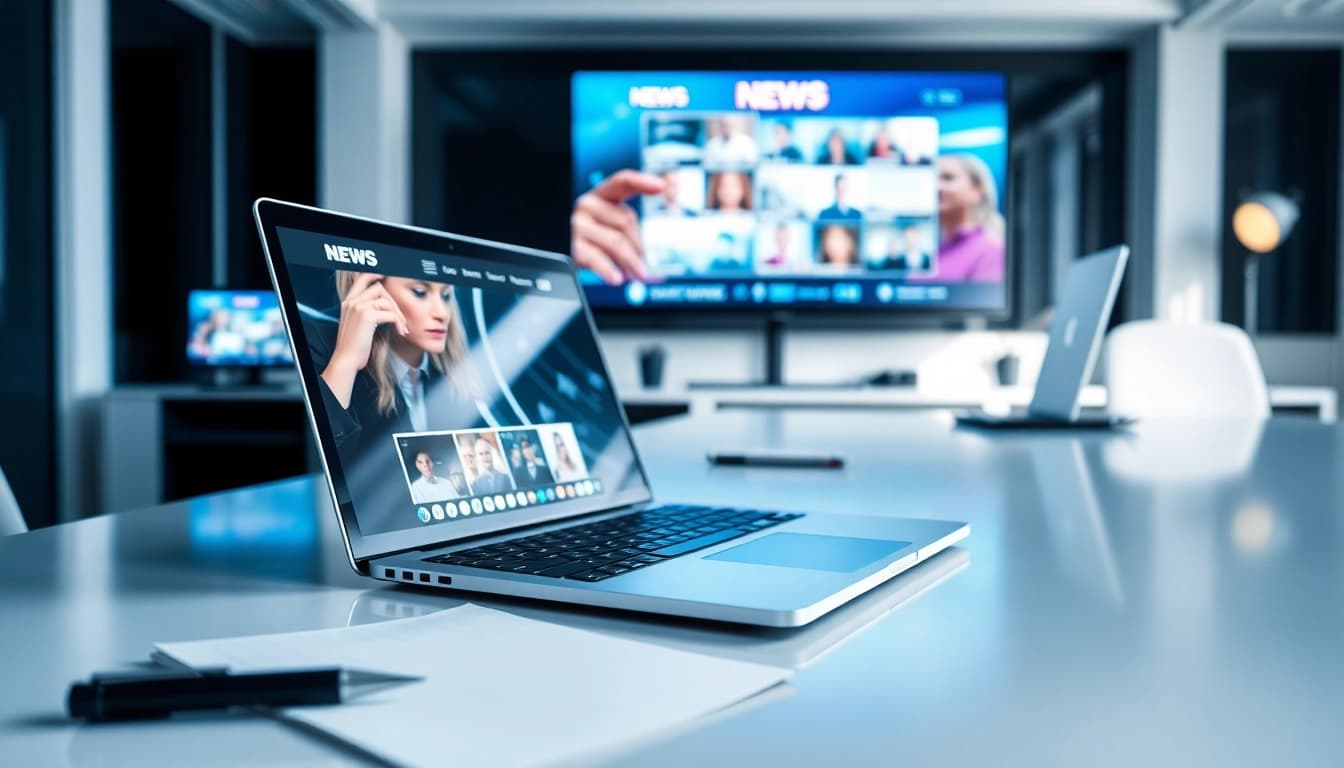 Catch up with the latest News at a modern workspace featuring technology and updates.