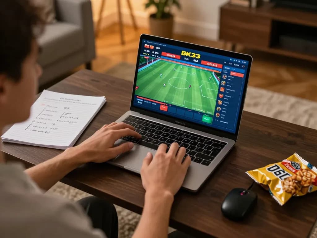 Person placing sports bets on BK33 online platform from a cozy home gaming setup