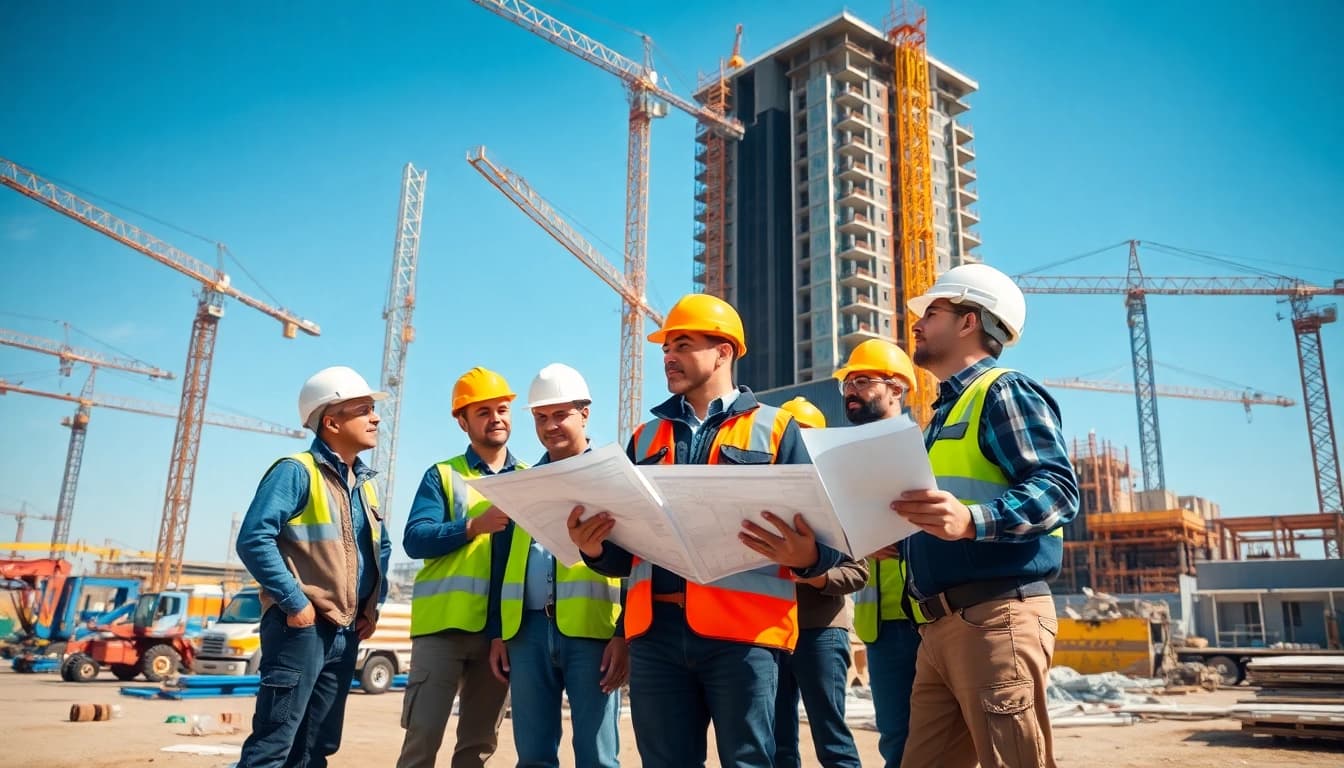 Construction association professionals collaborating on a busy construction site.