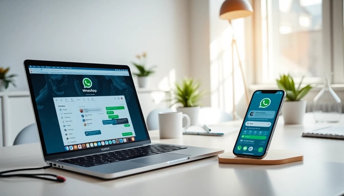WhatsApp Web interface displayed on a laptop, showing seamless connectivity between devices in a modern workspace.