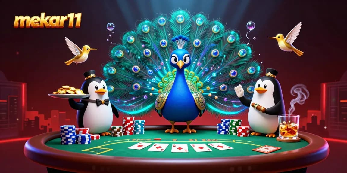 Play exciting poker games with mekar11, featuring lively casino characters and vibrant game elements.