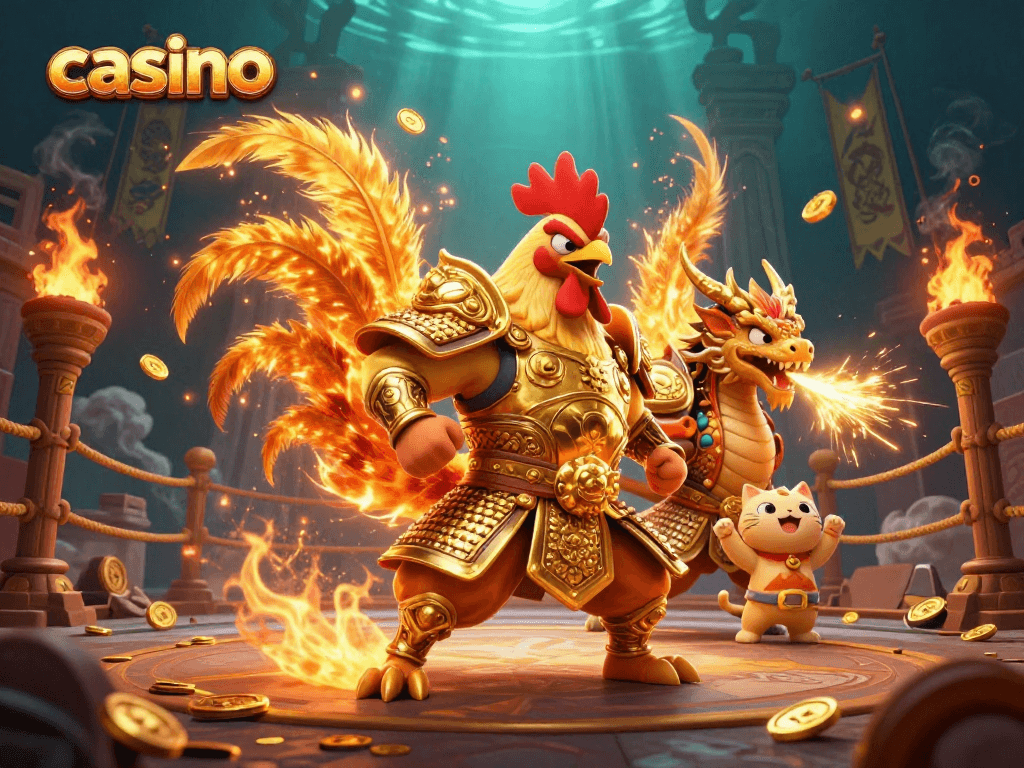 Engaging casino scene with a fighting rooster warrior, dragon hatchling, and fortune cat amidst gold coins and fiery effects.